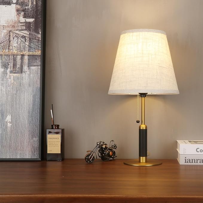 18.9" Modern Table Lamp Bedside Lamps for Nightstand Lamp for Bedroom Living Room End Tables 3-Color Night Light Pull Chain Switch Wood Fabric for Home Office Dorm Decor (Light Brown+Brass)