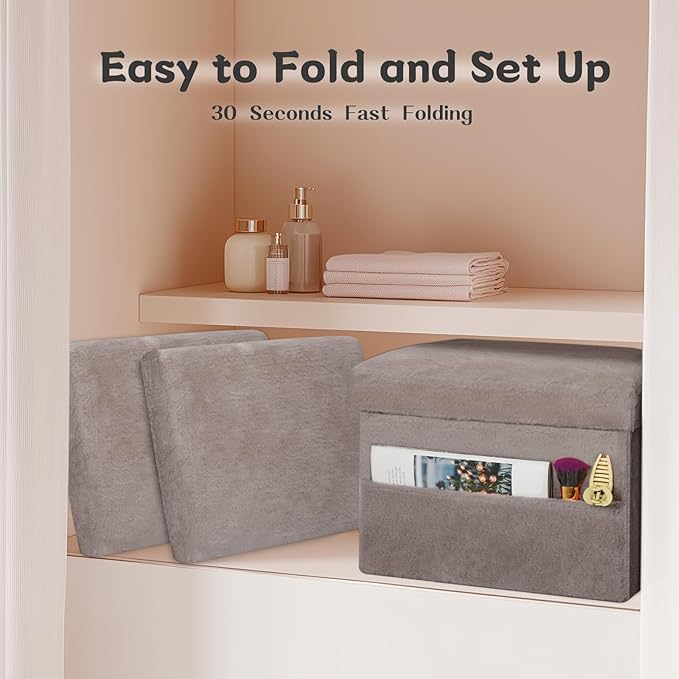Ottoman with Storage, Folding Soft Fur Ottoman Foot Rest Stool with Thicker Furry Padded Seat. Small Storage Bench for Bedroom Living Room, Holds Up to 300 lbs, 17x13x13IN (Gray)