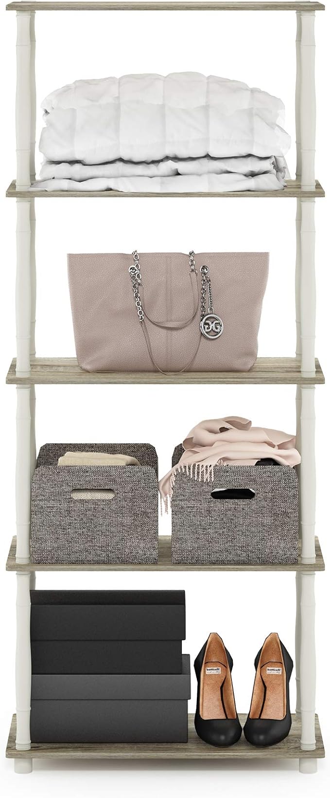 Furinno Turn-N-Tube 5-Tier Multipurpose Shelf / Display Rack / Storage Shelf / Bookshelf, Classic Tubes, Sonoma Oak/White