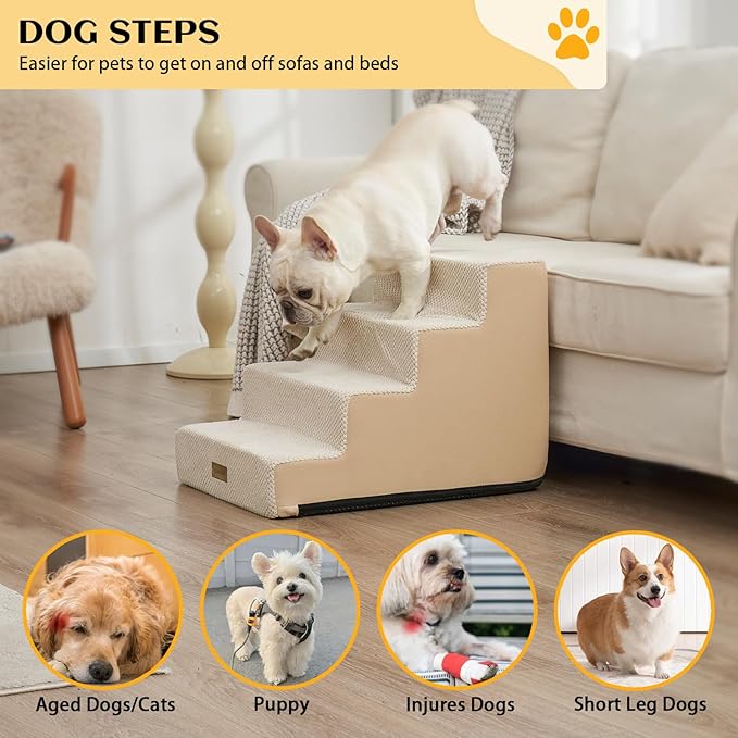 Dog Stairs for Small Dogs, 4 Tier Widened Pet Stairs for Beds and Couch, 17.7" H Non-Slip Dog Steps for Puppy, Elderly, or Disabled Dogs, 17.7x23.6x17.7 inch, Beige