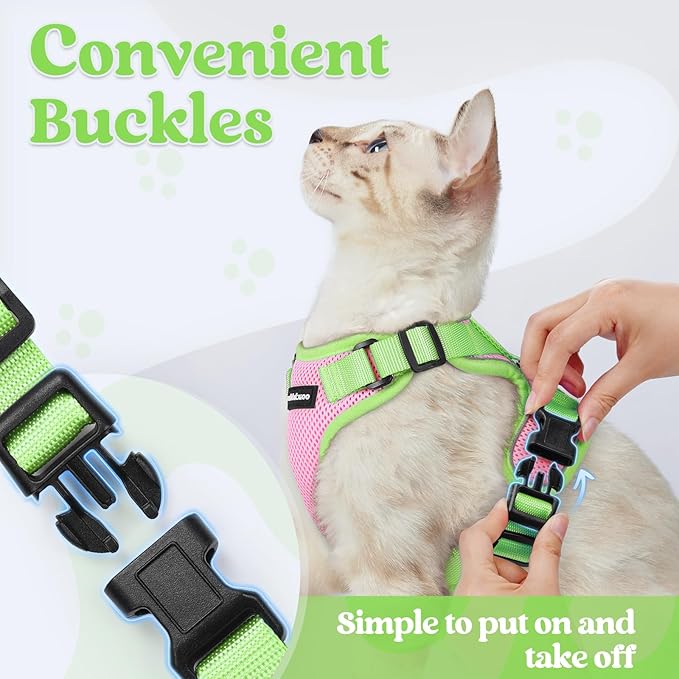 rabbitgoo Cat Harness and Leash Set, Escape Proof Soft Adjustable Vest Harnesses for Outdoor Walking, Easy Control Breathable Kitten Jacket with Reflective Strips, Pink & Light Green, XS