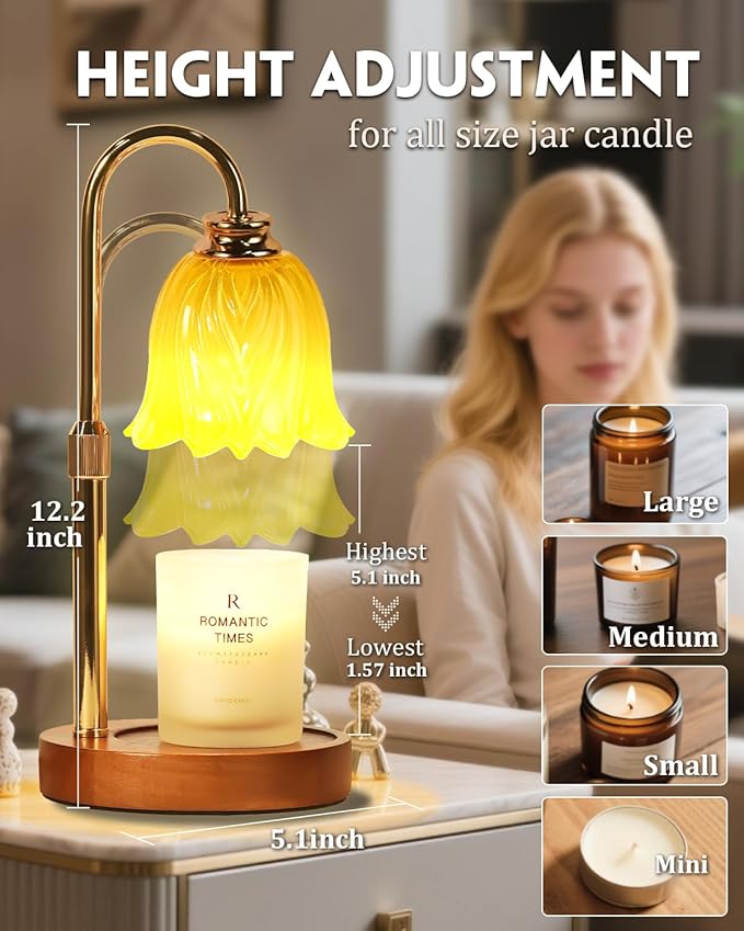 Candle Warmer Lamp, Gold Candle Lamp Warmer with Timer & Dimmer with 2 Bulbs, Dimmable, Christmas Gifts for Women Mom, House Warming Gifts New Home Bedroom Decor, Height Adjustable