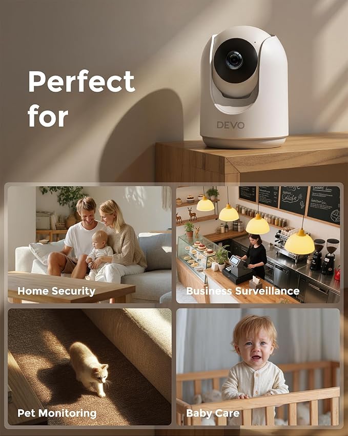 Devo Indoor Smart Cameras for Home Security 2K, 355 Pan-Tilt Human Pet Dog Baby Monitor Camera with Phone App, WiFi Home Camera Motion Detection, Color Night Vision 2-Way Audio, 256GB SD Card & Cloud