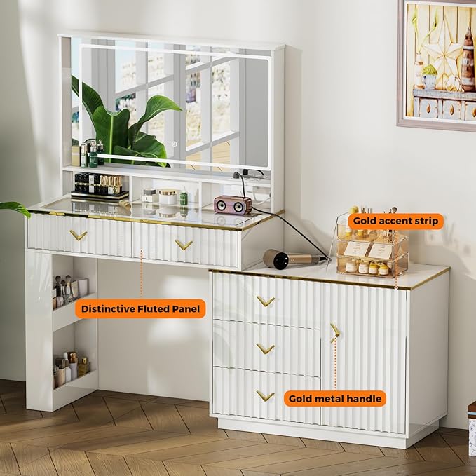 57“Makeup Vanity Desk with Mirror and Lights, Vanity Desk with 5 Drawers & Storage Shelves, Vanity Table with Power Outlet, 3 Color Modes & Adjustable Brightness Dressing Table, Bedroom,White