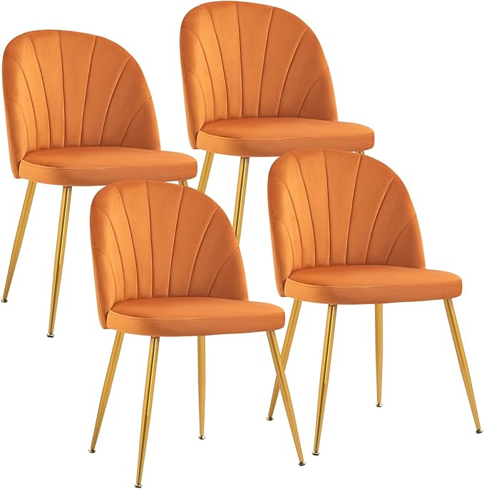 Velvet Dining Chairs Set of 2, Upholstered Mid Century Modern Dining Chairs, Armless Accent Chair with Metal Gold Legs for Living Room, Kitchen, Dining Room, Orange