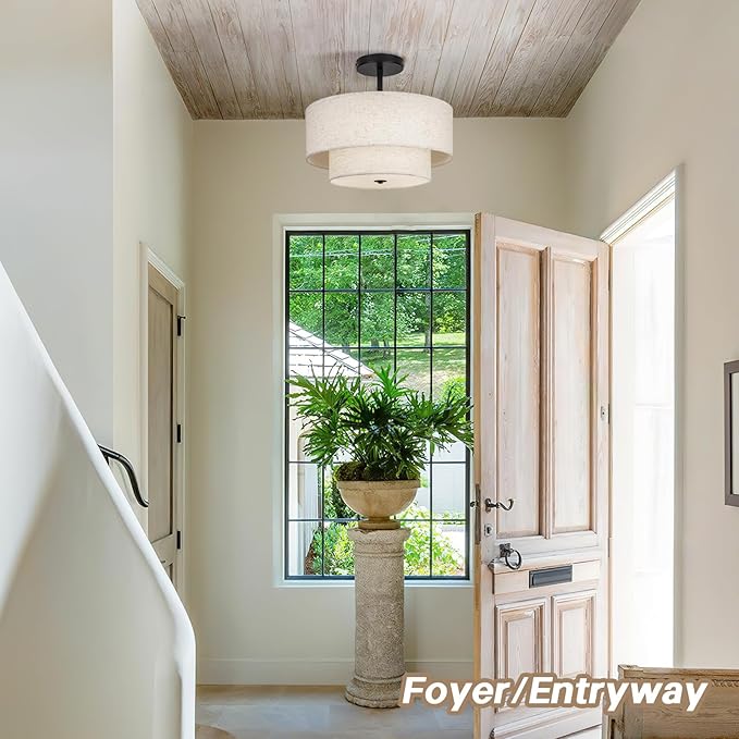 18 Inch Large Semi Flush Mount Ceiling Light Fixture with Dual Drum Design, Farmhouse Fabric Linen Shade for Bedroom, Living Room, Kitchen, and Dining - Modern Chandelier Lamp