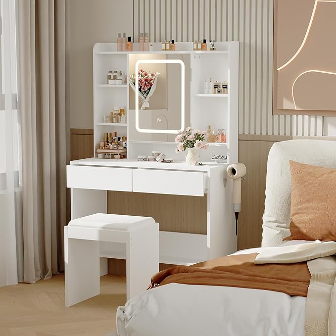 GarveeHome Vanity Desk with Mirror and Lights, for Bedroom, Includes Padded Stool, Easy to Assemble, Storage Drawers, USB Outlets, Hairdryer Holder, Adjustable LED Light with 3 Lighting Modes