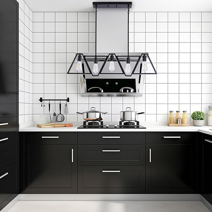 Dining Room Light Fixture, Kitchen Island Lighting with Adjustable Rods, Modern Chandelier Pendant Lamp Over Table (Black, 5 Light)