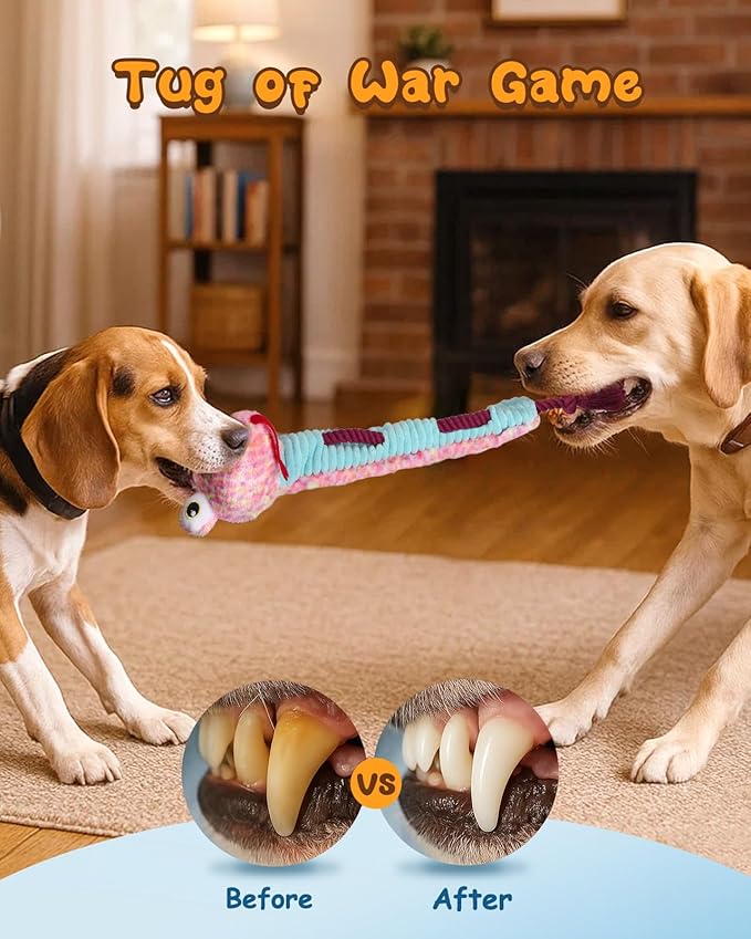 Swooflia Dog Rope Toy - Interactive Cute Snake Squeaky Plush Toys Stuffless, Teeth Cleaning for Small Medium Large and Boredom Dogs, Outdoor Durable Puppy Tug of War Chew Toy