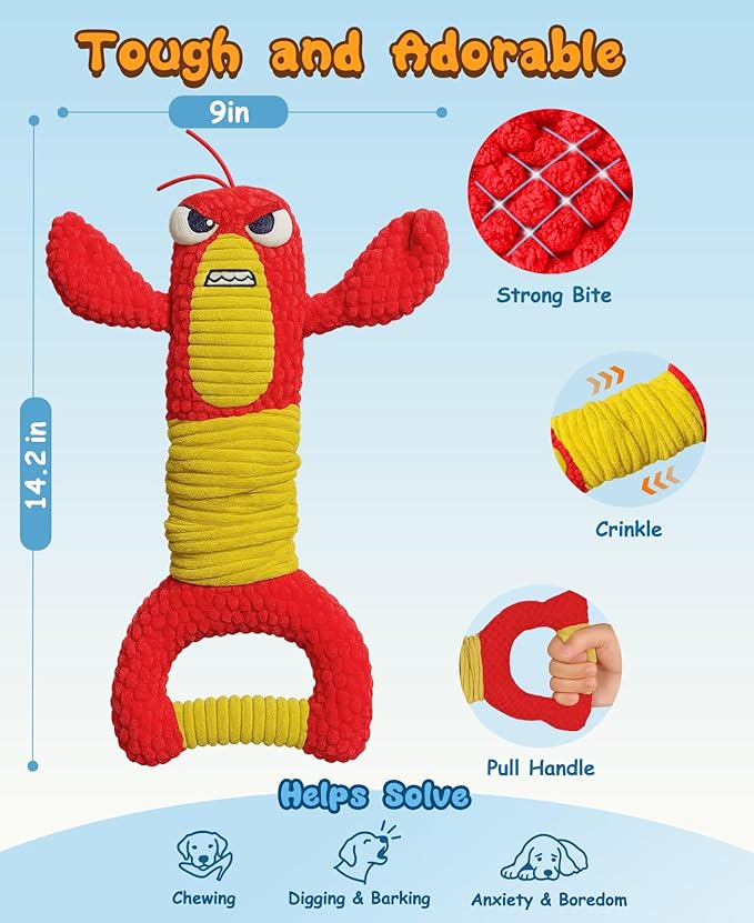 Swooflia Tug of War Dog Toy-Squeaky Plush Tug a War Dog Toy for Medium Large Breed Dogs to Keep Them Busy, Interactive Crinkle Doggie Toy, Cute Lobster with Soft Long Pull Handle