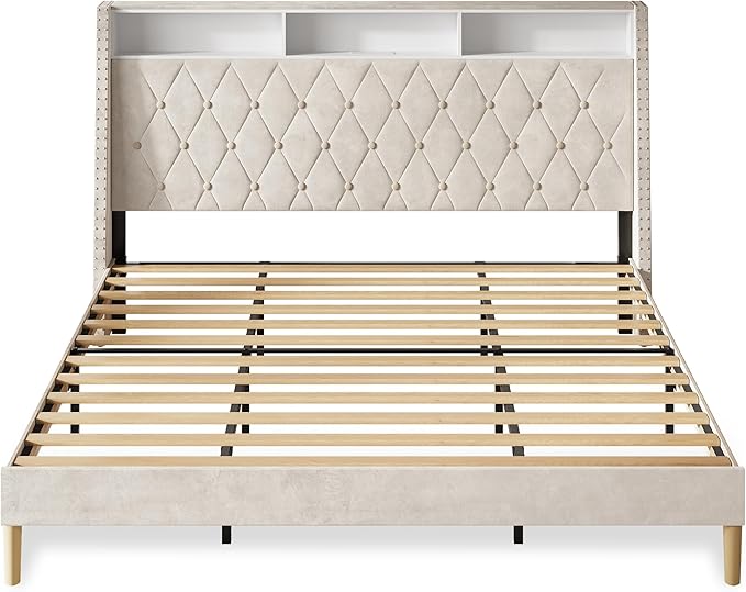 WLIVE King Size Upholstered Bed Frame with Storage Headboard, Velvet Square Tufted Platform Bed with Charging Station, Sturdy Metal & Wooden Slats Support, No Box Spring Needed, Beige