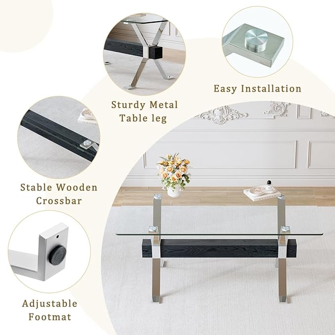 Glass Dining Table 71"|Modern Dining Table for 6-8|0.4" Thick Tempered Glass Top|Chrome Silver Metal Legs|Black Crossbar|Easy Assembly|Perfect for Dining Room or Kitchen