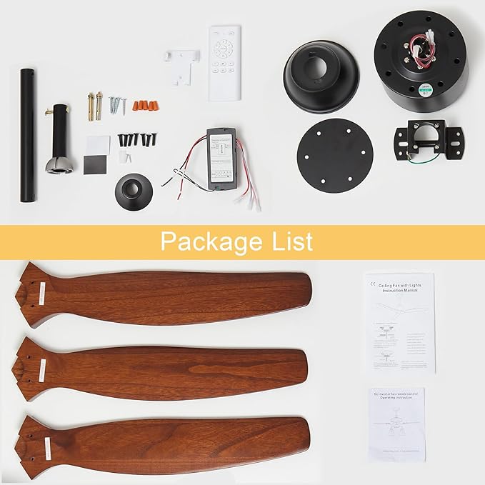 52 inch 3 blade Wood ceiling fan without light, Noiseless Reversible DC Motor Walnut Ceiling Fan Without Light for Farmhouse Patio Living Room Bedroom, Indoor Outdoor Ceiling Fan with Remote