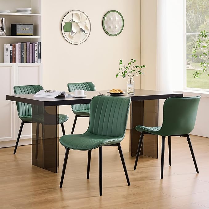 Modern Dining Chairs Set, Heavy Duty Upholstered Side Chairs with Faux Leather, Comfortable Cushions & Durable Metal Legs with Adjustable Feet, Perfect for Kitchen, Dining Room (Green, Set of 4)