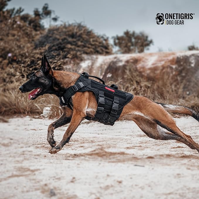OneTigris Large Tactical Dog Harness, No Pulling Adjustable Dog Vest Harness, Heavy Duty Dog Harness with Handle, Large Hook and Loop Panels for Patch Black