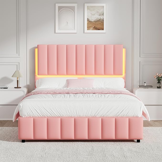 Full Size Bed Frame with LED Lights, Faux Leather Upholstered Platform Bed with Headboard and Wooden Slats Support, No Box Spring Needed, Noise-Free, Easy Assembly, Pink