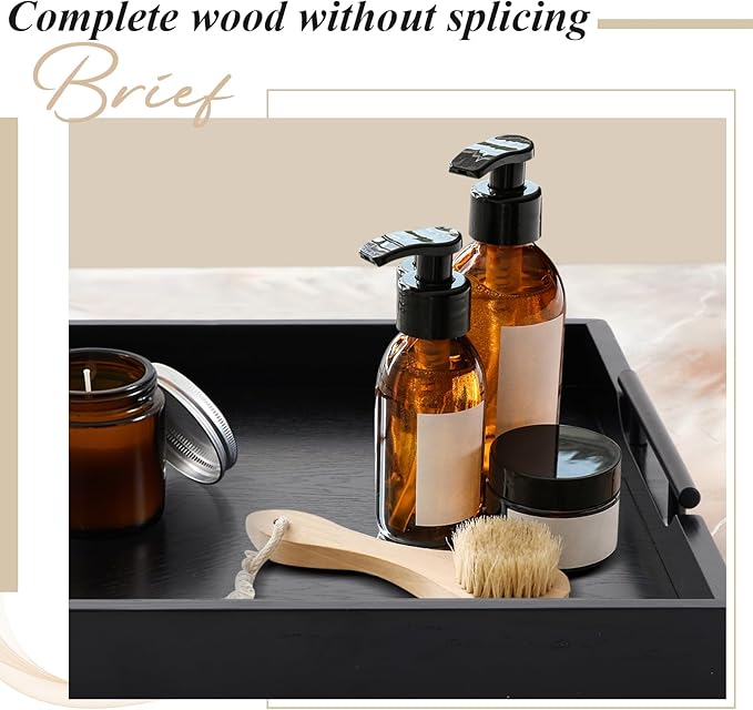 Large Square Ottoman Tray 24 x 24 x 2 Inch Wood Serving Tray with 4 Coasters and Metal Handles for Food Coffee Tea Table Sofa Living Room Home Housewarming Gift(Black)