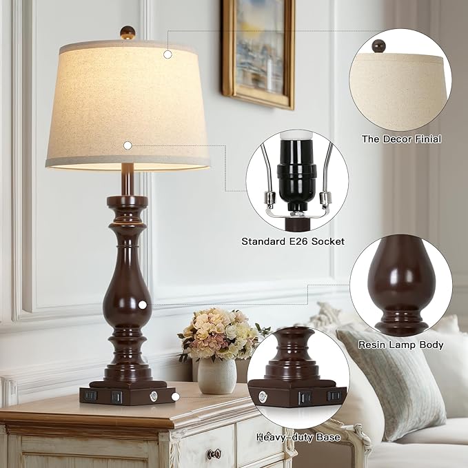 29" Tall Vintage Table Lamps Set of 2,Farmhouse Bedside Lamps with USB C+A Ports & AC Outlet,3-Way Dimmable Touch Lamp for Night Stands Living Room Bedroom,Dark Brown