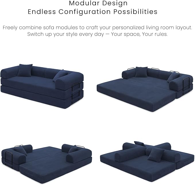 Compression Sofa - 79'' Convertible Sofa Bed, Boneless Couch in a Box, Modular Corduroy Foldable Sleeper Sofa with 2 Pillows, Loveseat Couches for Living Room (Corduroy Fabric, Blue)