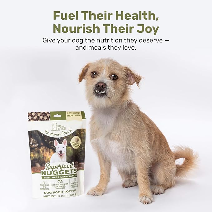 BADLANDS RANCH Superfood Nuggets- Premium, Freeze-Dried raw Dog Food Topper or Treat. Powerful Nutrient-Dense Ingredients. No Artificial additives. Beef Tripe and Kale Formula 8oz - 4pk Bundle