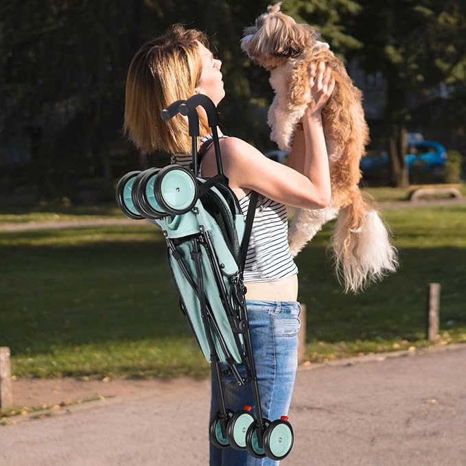 Umbrella Dog Stroller, Foldable Pet Stroller for Small Dogs Cats, 4 Wheels Pet Strolling Cart with Carrying Strap and Cup Holder, Breathable and Visible Mesh, Dog Poop Bags & Dispenser (Tealblue)