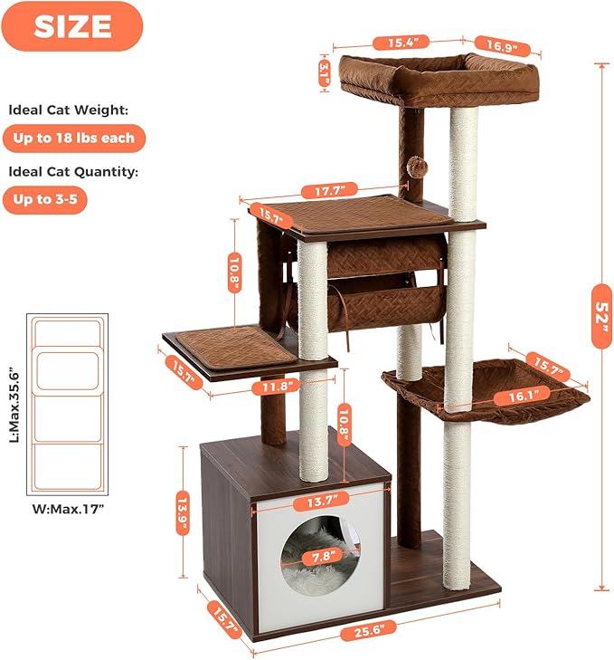52" Modern Cat Tree for Large Cats, Wooden Cat Tower with Fully Sisal Covered Scratching Posts, Luxury Cat Furniture with Spacious Perch, Super Large Hammock, Cozy Condo and Swing Tunnel Brown