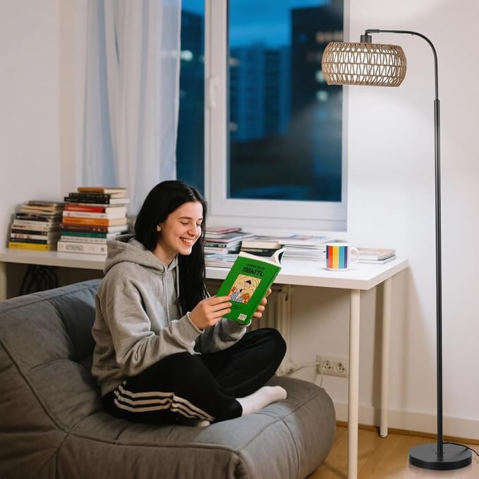 Rattan Floor Lamp for Living Room, Tall Pole Lamp with Adjustable Drum Shade, Foot Switch& Romote, Height Ajustment, Over Couch Arched Floor Light for Reading Bedroom Bulb Included