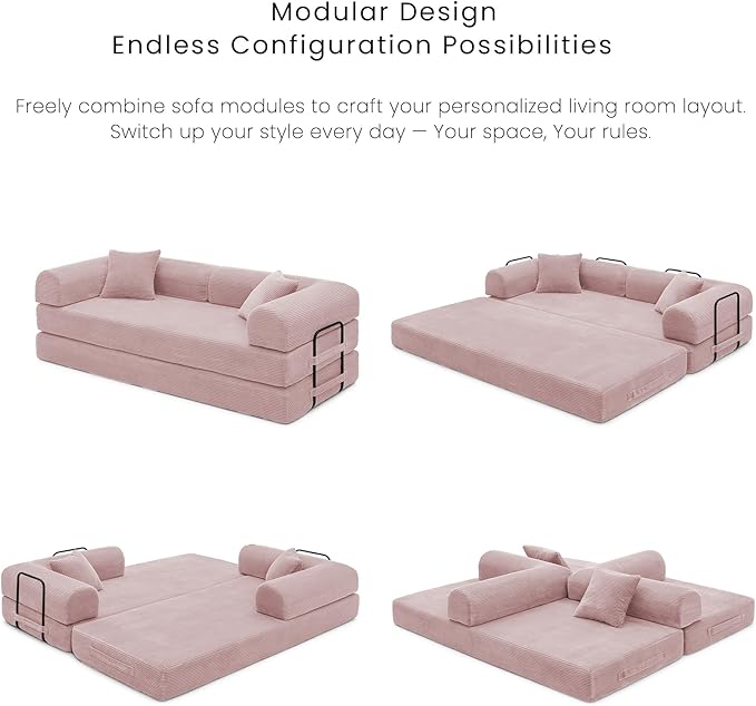 Compression Sofa - 79'' Convertible Sofa Bed, Boneless Couch in a Box, Modular Corduroy Foldable Sleeper Sofa with 2 Pillows, Loveseat Couches for Living Room (Corduroy Fabric, Pink)
