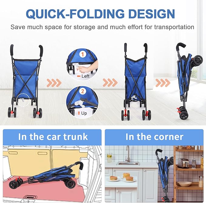 Wedyvko Pet Dog Stroller, 4 Wheel Foldable Cat Dog Stroller with Storage Basket, Handle 360° Front Wheel Rear Wheel with Brake for Small Medium Dogs & Cats (Blue)