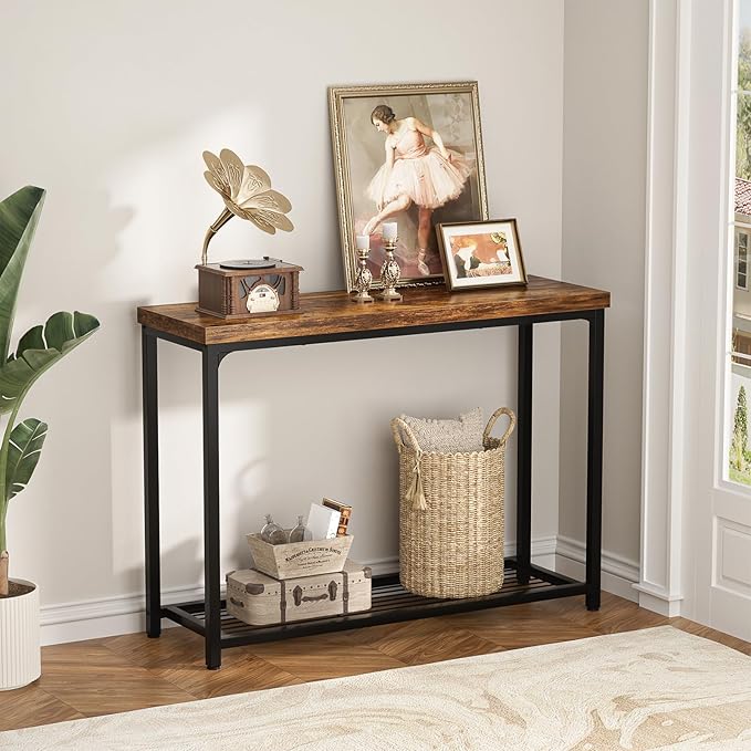 32" Small Console Table, 2-Tier Narrow Entryway Table, Sofa Table with Mesh Shelves, Console Tables for Living Room, Hallway, Entryway, Farmhouse Console Table with Storage, Rustic Brown
