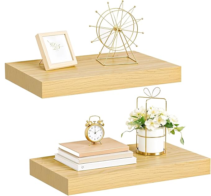HOOBRO Floating Shelves for Wall, Wall Mounted Shelf Set of 2, 15.7" Hanging Shelf with Invisible Brackets, for Wall in Bathroom, Bedroom, Toilet, Kitchen, Living Room, Office, Natural NL40BJ01