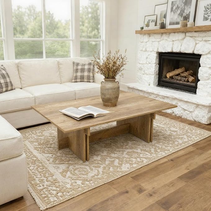 47 Inch Modern Farmhouse Coffee Table, Large Rectangular Wood Center Table with Cross Base for Living Room, Rustic Industrial Cocktail Table, Oak