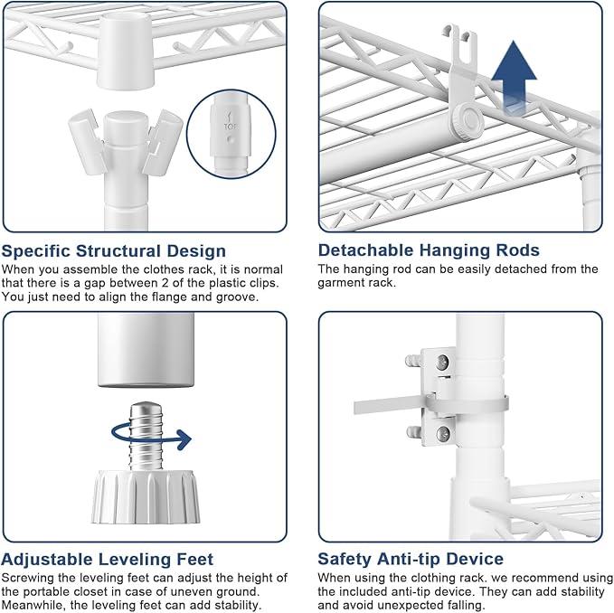 Ulif E12 Clothes Rack,Heavy Duty Freestanding Garment Rack with Shelves,Metal Clothing Closet Storage System for Hanging Clothes,71" W x 16" D x 76.5" H, Hold 960 lbs,White