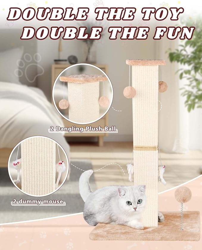 ANWA Large Cat Scratching Posts for Indoor Cats, 32" Tall Vertical Cat Scratching Post with Dangling Toys, Premium Sisal Rope Post Scratcher for Cats at All Ages, Beige