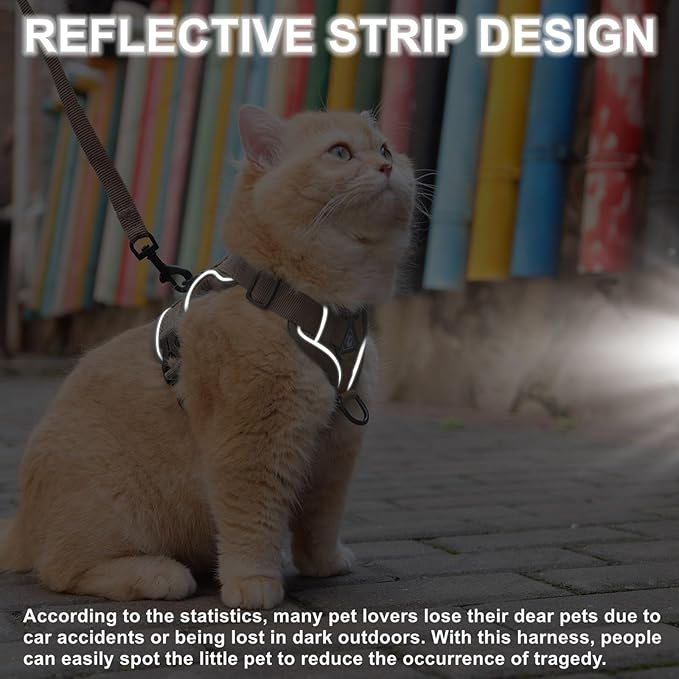 Cat Harness and Leash Set, Upgraded Escape Proof Adjustable Kitten Vest with Lead for Small Cat Outdoor Walking, Soft Breathable Mesh Jacket with Reflective Strips for Dark Night S Coffee Brown