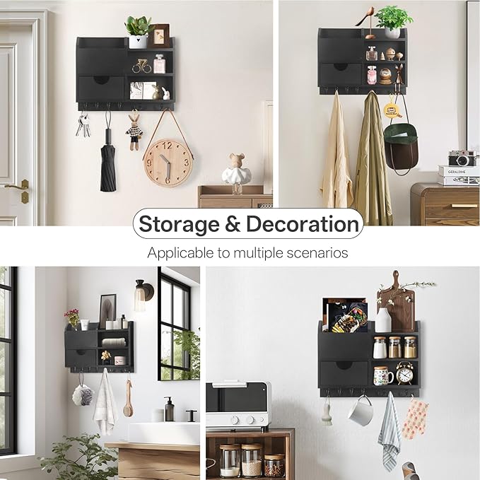 Key Holder Wall Mount, 14.5x11.2x3.5'' Larger 3-Tier Shelf 8 Hooks Drawer Storage,Wooden Key and Mail Holder for Wall,Farmhouse,Home,Living Room,House,Office Decor,Hats,Bag,Dog Leash Hanger Organizer