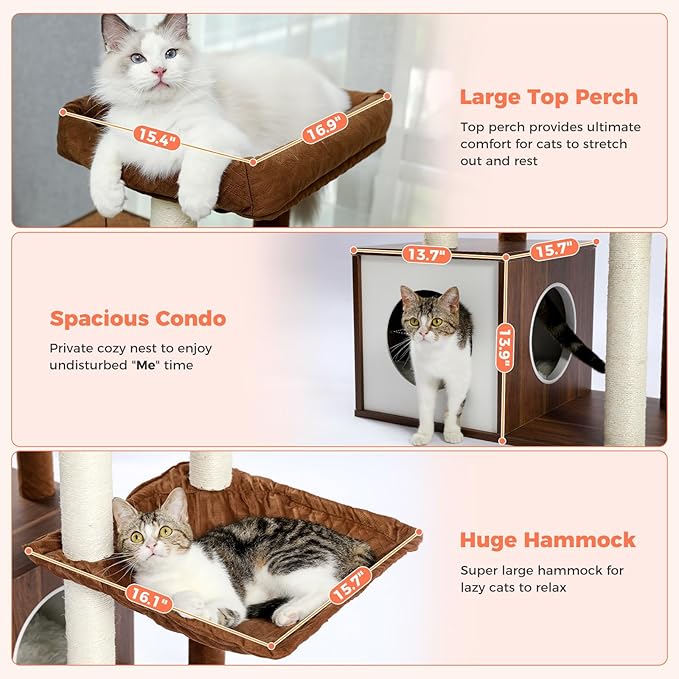 52" Modern Cat Tree for Large Cats, Wooden Cat Tower with Fully Sisal Covered Scratching Posts, Luxury Cat Furniture with Spacious Perch, Super Large Hammock, Cozy Condo and Swing Tunnel Brown