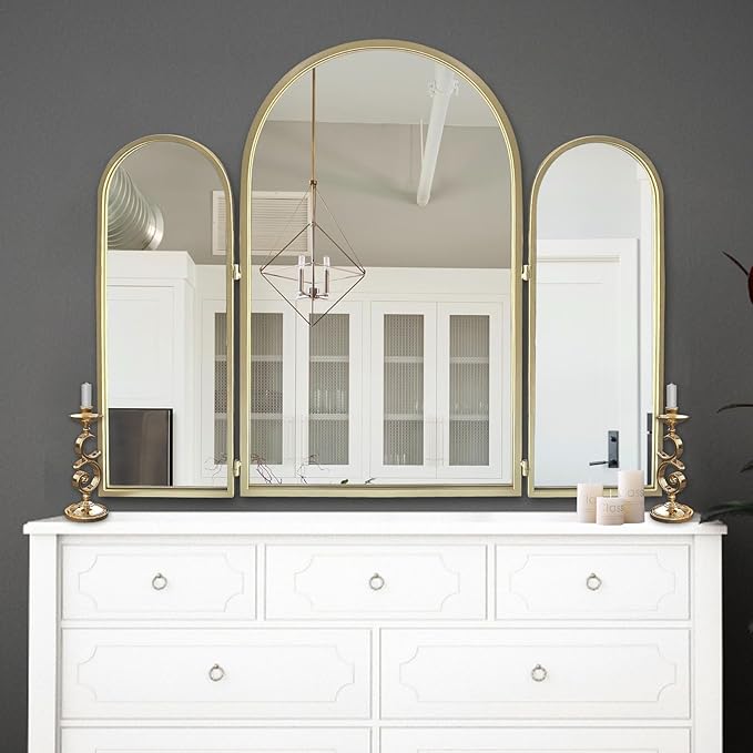 Trifold Vanity Mirrors 3 Way, 30 x 37in Adjustable Vanity Mirrors for Bathroom, Bedroom, Champaign Golden Arch Mirrors Wall Mounted Decoration, Braiding Hair, Makeup 360° Way
