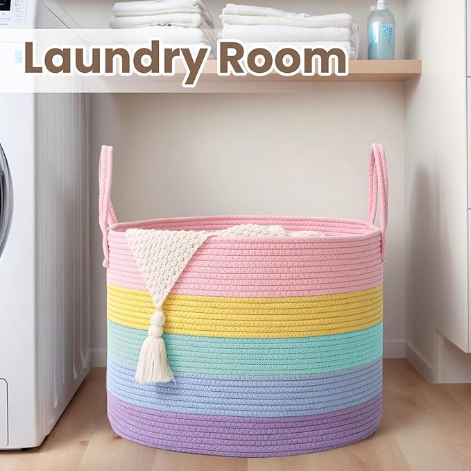 Woven Blanket Basket,65L Large Rope Storage Bin with Handles, Organizer for Blankets Toys Book and Clothes, Laundry Basket for Living Room Bedroom Nursery,Rainbow