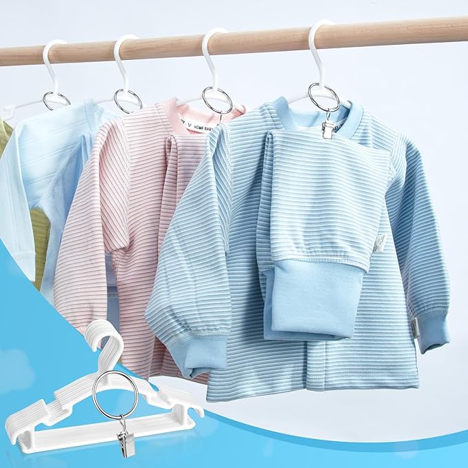 Baby Hangers with Metal Ring Clips, Children Plastic Hanger for Kids Pants Clothes Closet, 20 Pack, White