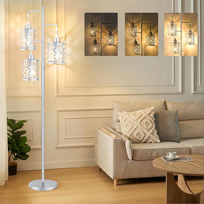 【Upgraded】72" Tall Dimmable Floor Lamp, Modern Standing Lamp with Elegant Metal Cage, Industrial Tree Floor Lamps for Living Room, Bedroom, Study Room, Office (3 x 800LM LED Bulbs Included) - Silver