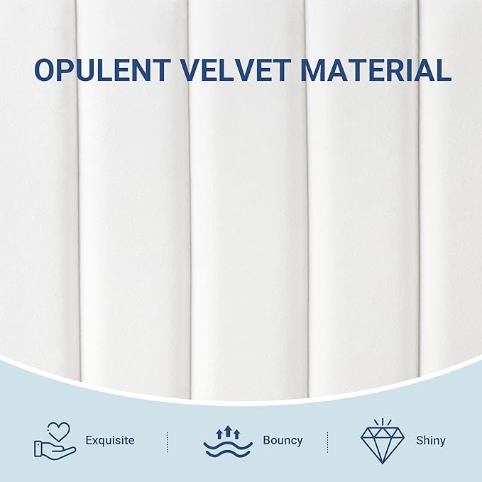 Allewie Twin Bed Frame, Velvet Upholstered Platform Bed with Adjustable Vertical Channel Tufted Headboard, Mattress Foundation with Strong Wooden Slats, Box Spring Optional, Easy Assembly, Off-White