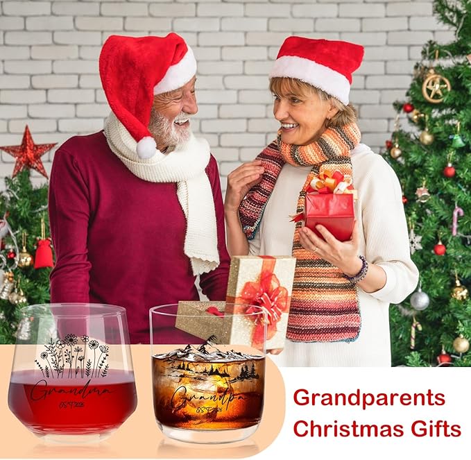 Ithmahco First Time Grandparents Christmas Gifts 2026, Grandma Wine Glass And Grandpa Whiskey Glass Set, Pregnancy Announcement Gifts For Grandparent, Promoted To Grandparents Christmas Gift