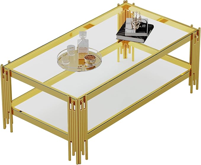 Goujxcy Modern Glass Coffee Table 47" Gold Center Table with Tempered Glass Top and Mirror Finish Stainless Steel Legs, Luxury Rectangular Coffee Table for Living Room Apartment (Gold)