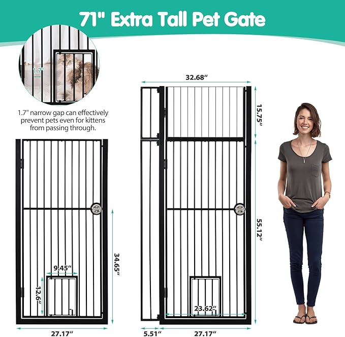 71" Extra Tall Pet Gate with Cat Door, 30"-39.69" Adjustable Wide, No Drill Pressure Mounted Auto-Close Safety Pet Gate Walk Through Safety Cat Gate