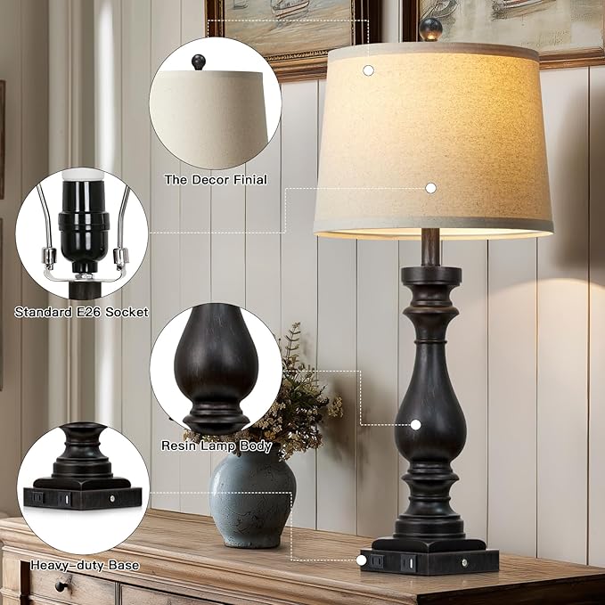 29" Tall Vintage Table Lamps Set of 2,Black Farmhouse Bedside Lamps with USB C+A Ports & AC Outlet,3-Way Dimmable Touch Lamp for Night Stands Living Room Bedroom,Black