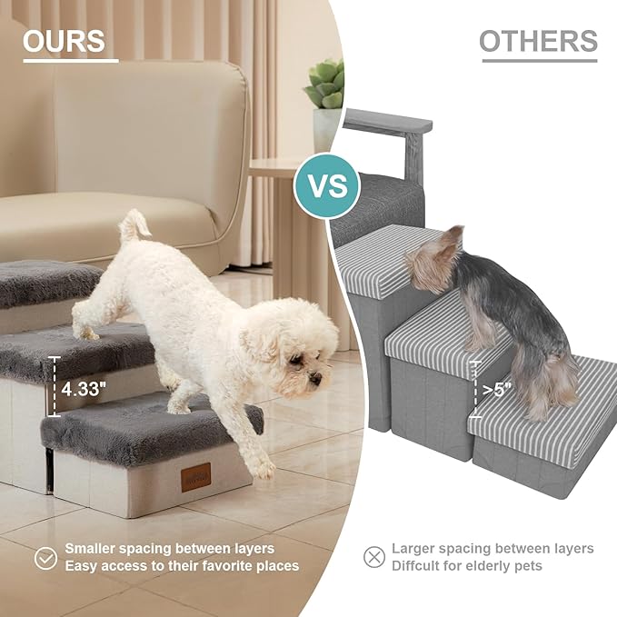 Pet Stair for Small Dogs with Storage, Foldable Dog Ramp with Soft Cover, Older Cat Steps for Chair Couch Sofa, Lightweight, Comfort, 19.7x13x9.6 inch, 2 Tiers, Grey