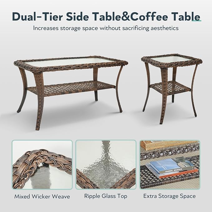 5 Pieces Wicker Patio Furniture Set - Hollow Widen Armrests Outdoor Rattan Chairs, 3 Seat Sofa with Coffee Table & Side Table, Small Patio Convention Set for Deck and Backyard - Brown/Gray