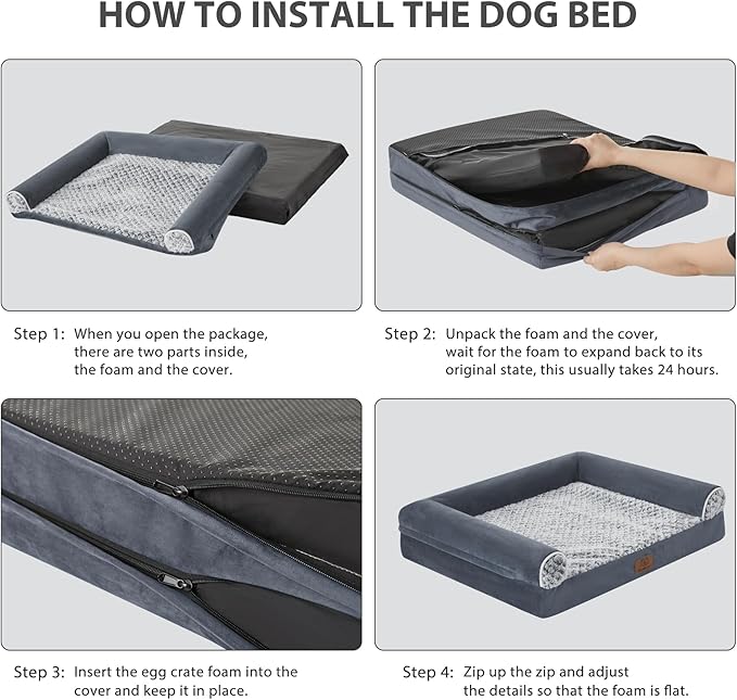 WNPETHOME Orthopedic Dog Beds for Large Dogs, Waterproof Memory Foam Large Dog Bed with Sides, Non-Slip Bottom and Egg-Crate Foam Big Pet Couch Bed with Washable Removable Cover,