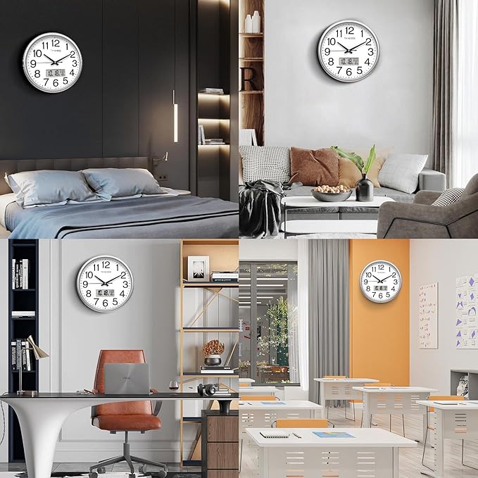 Wall Clock, 13 Inch Non-Ticking Silent Battery Operated Quartz Analog with LCD Display for Perpetual Calendar and F° Temperature, Ideal Modern Home, Bedroom, Kitchen, Office Décor (Sliver)